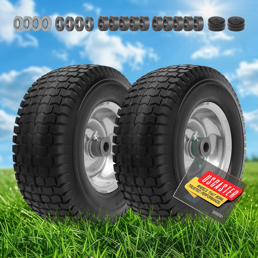 USCaster angled lifestyle shot showing robust wheels in a yard setting