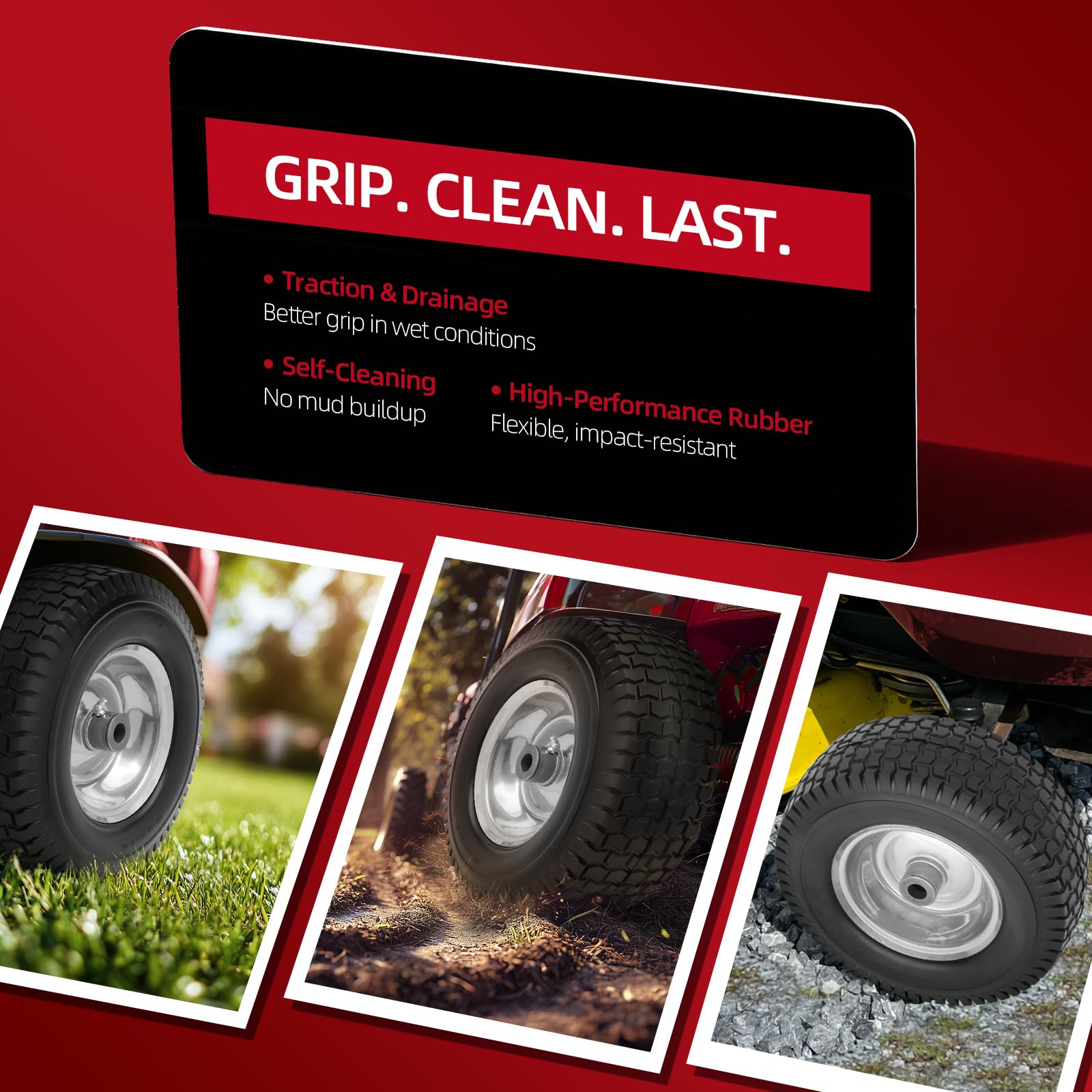 USCaster wheel installed on ride-on mower demonstrating immediate replacement