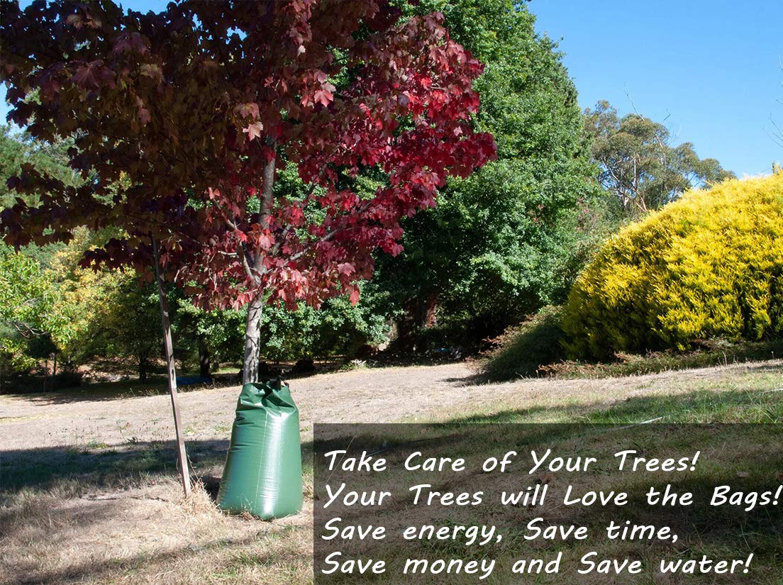 USHIGHLIGHT watering bag placed in landscaped yard showing hands-free watering convenience