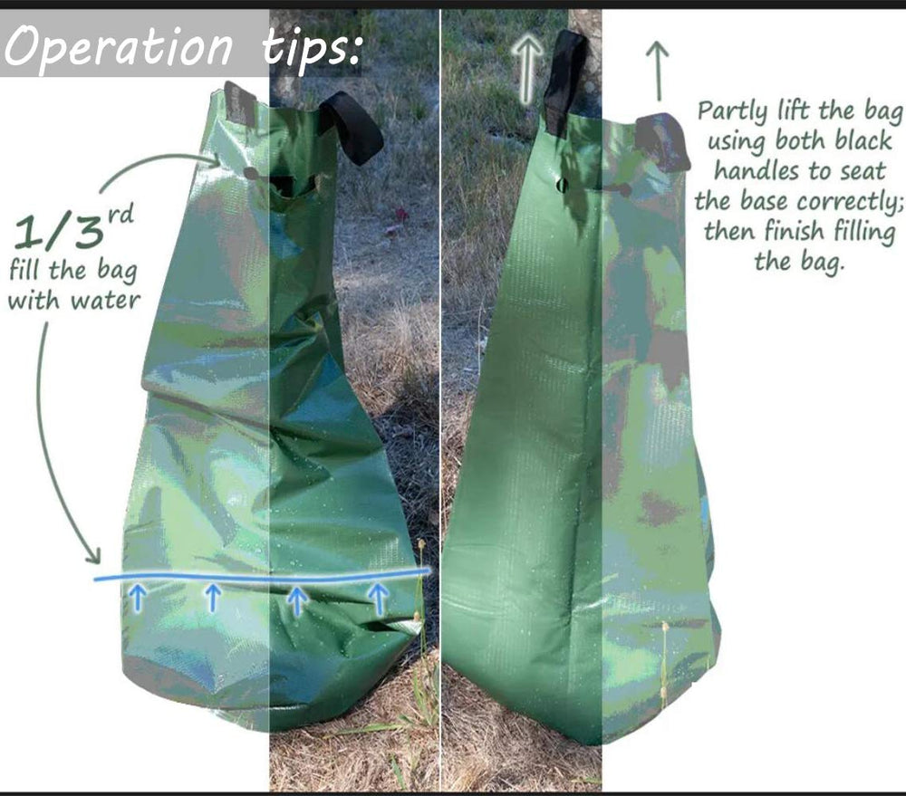 USHIGHLIGHT watering bag beside ruler demonstrates scale and large 25-gallon capacity advantage