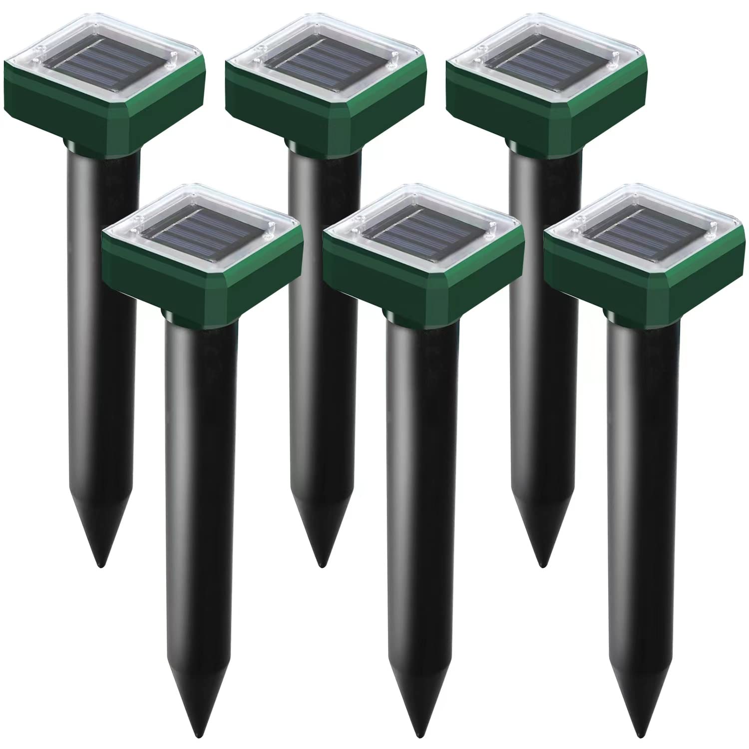 USKICH front view showing all six solar mole repellent spikes protecting lawn