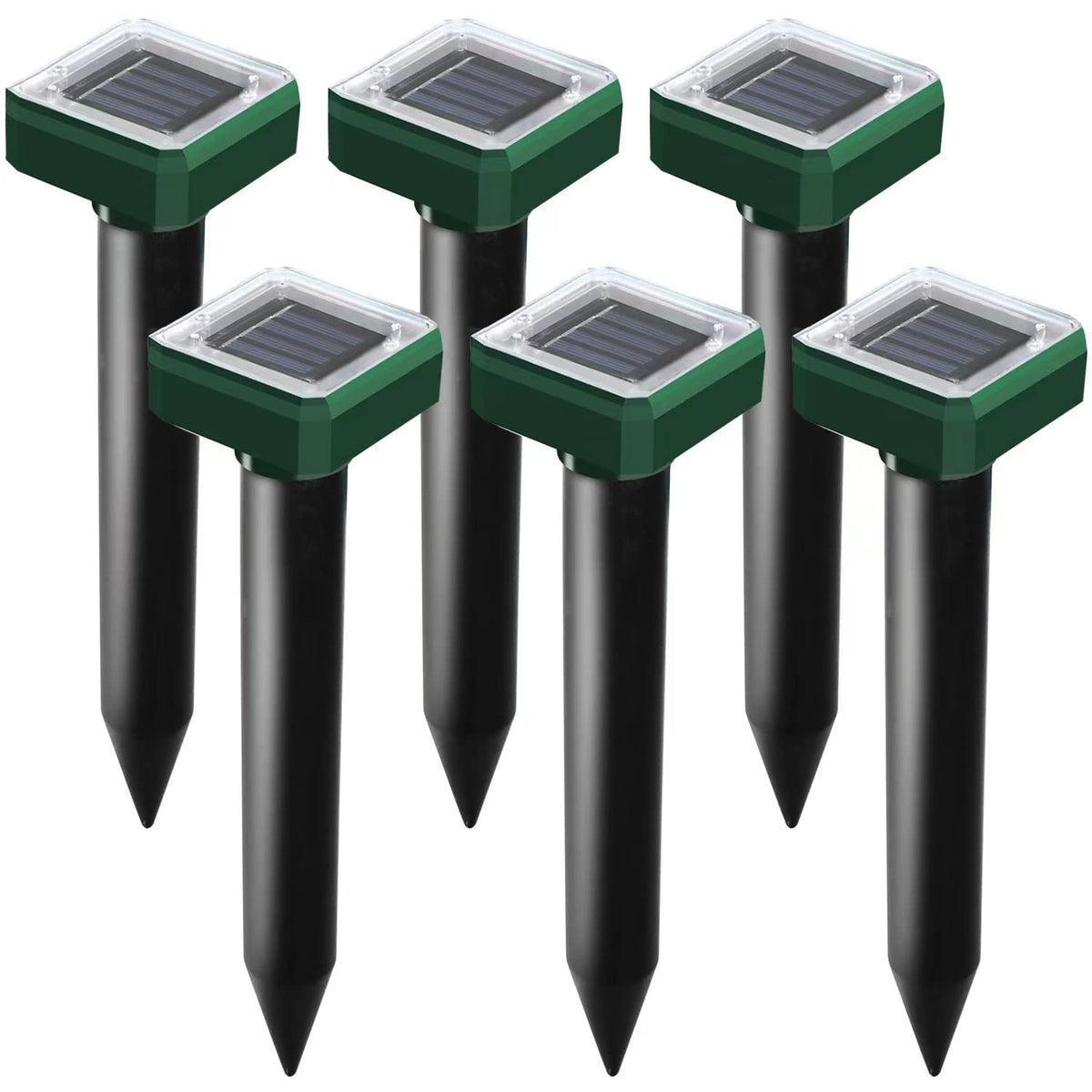 USKICH front view showing all six solar mole repellent spikes protecting lawn