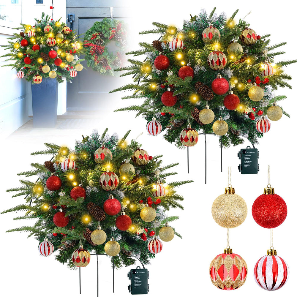 USNMP front view of two 24-inch pre-lit urn filler trees showing festive porch styling and instant curb appeal
