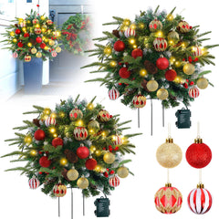 USNMP front view of two 24-inch pre-lit urn filler trees showing festive porch styling and instant curb appeal