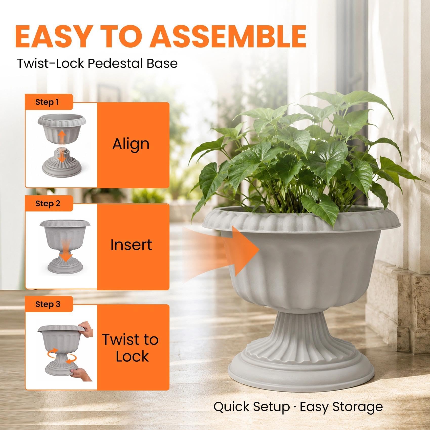 Usocik showing bowl and pedestal twist-together connection for quick assembly