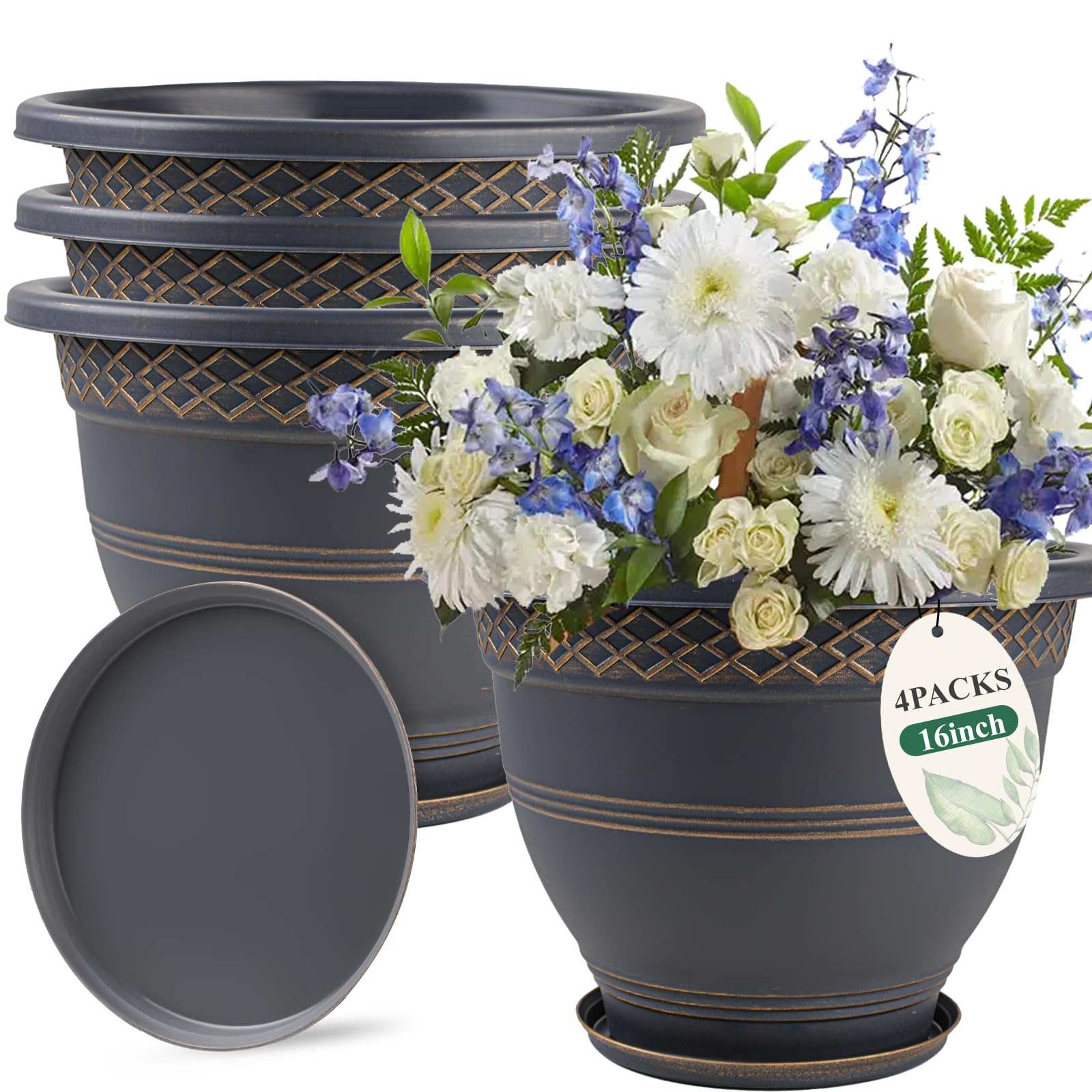 Usocik front view of four gold plaid planters enhancing entryway