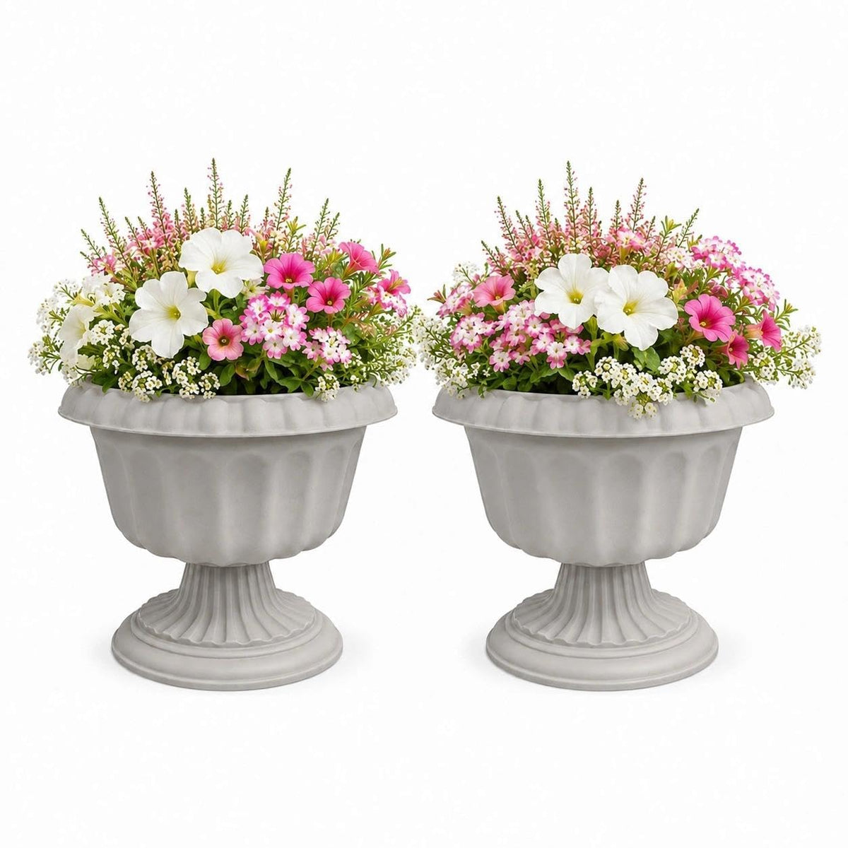 Usocik front view of two stone-gray urn planters showing decorative silhouette and curb appeal