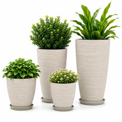 Usocik front view of four beige matte planters showing cohesive set and curb appeal