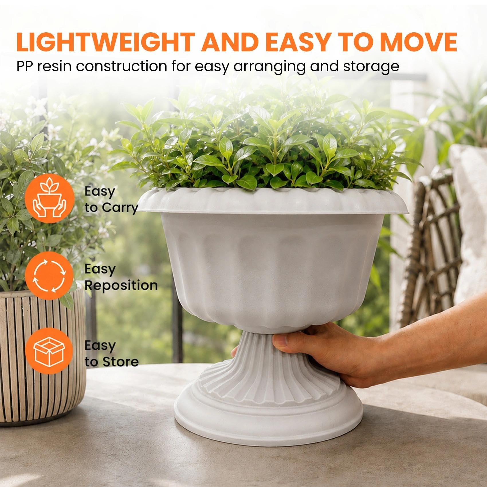 Usocik planter filled with colorful annuals demonstrating portable seasonal styling