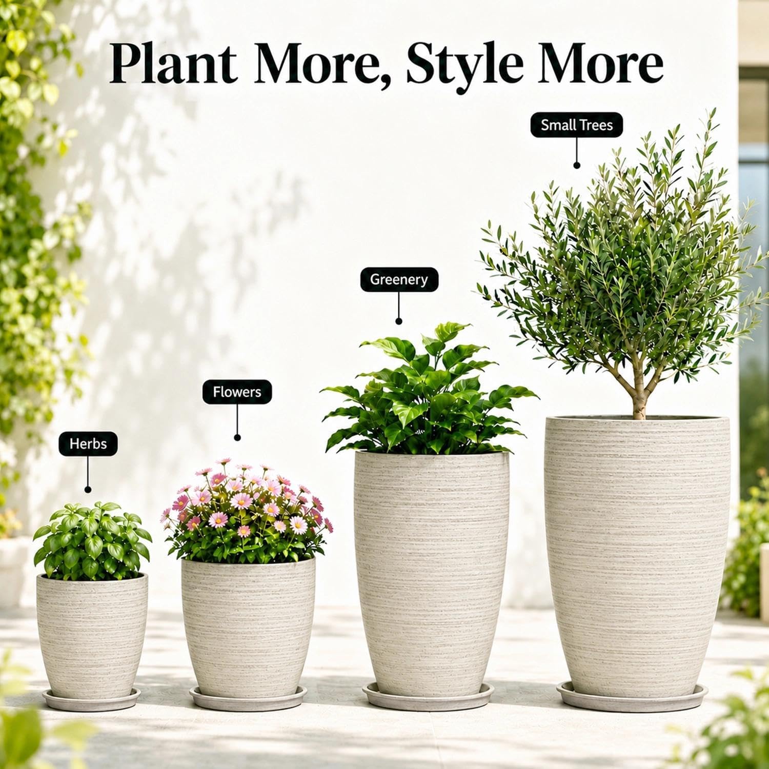 Usocik four planters lined up by size showing 10, 12, 21, 24 inch comparison