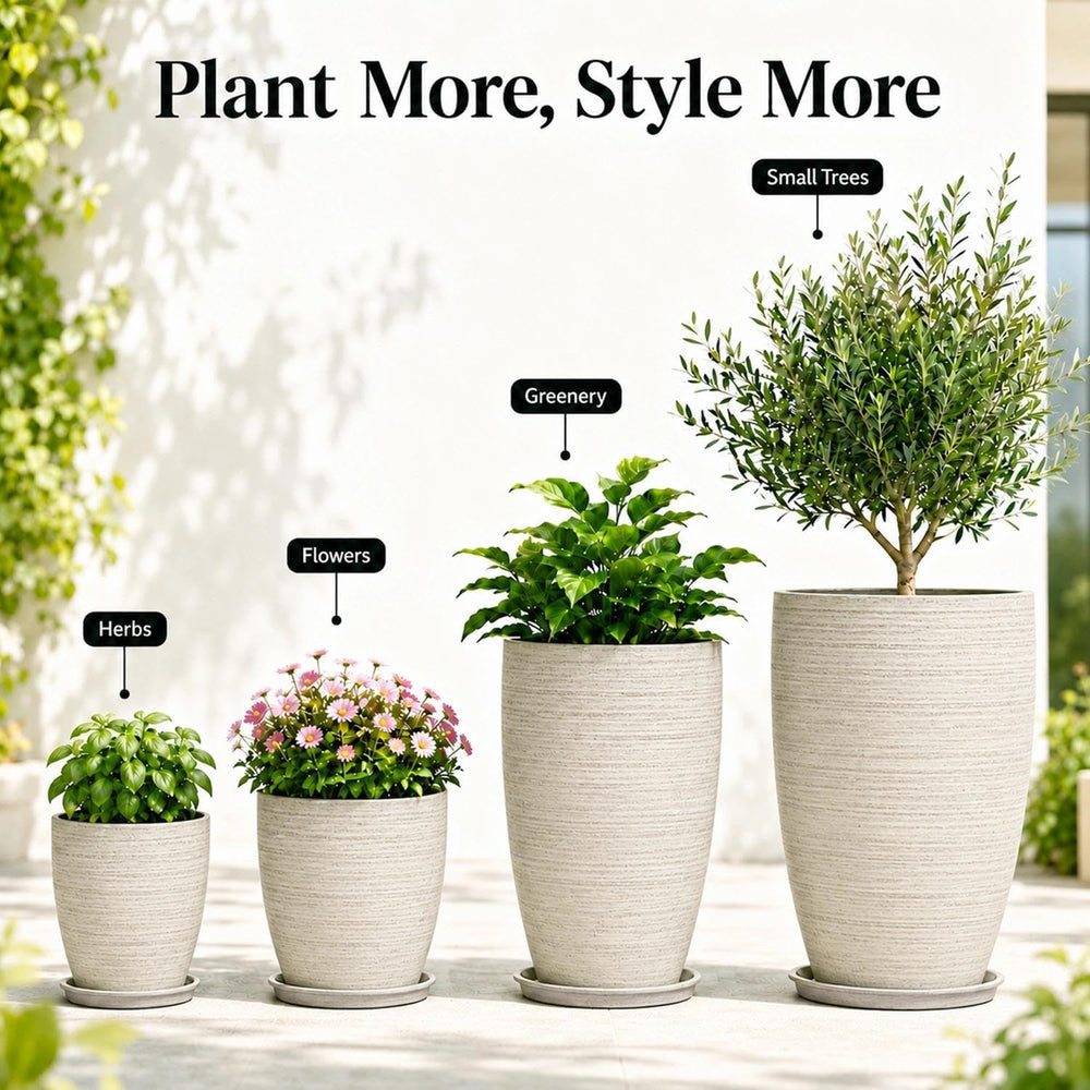 Usocik four planters lined up by size showing 10, 12, 21, 24 inch comparison