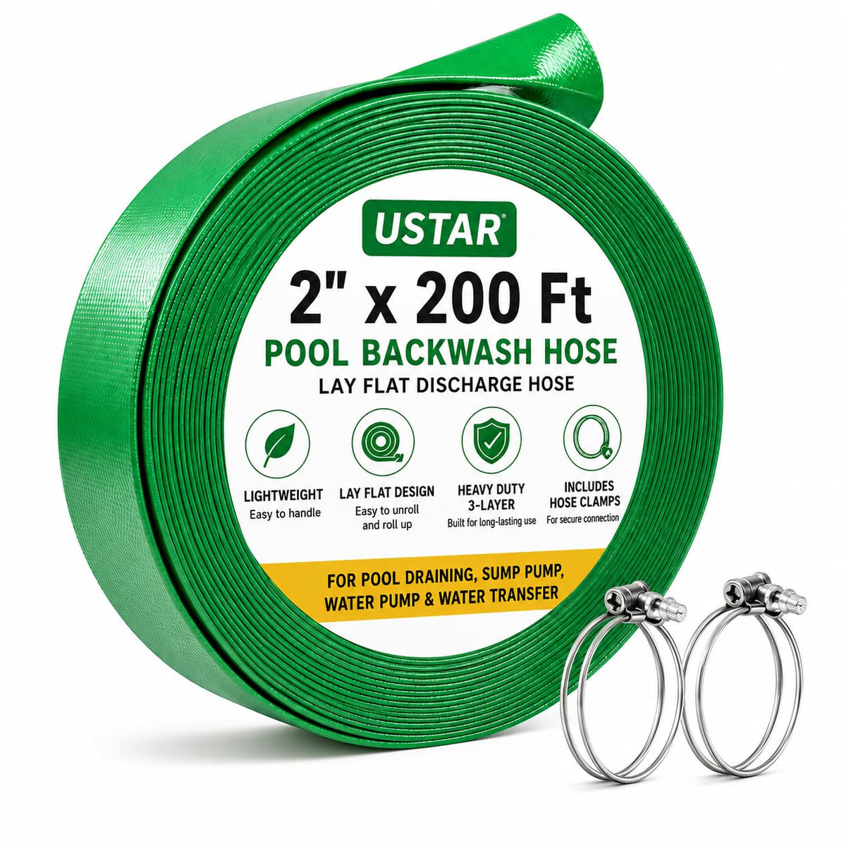 USTAR front view of 2x200' hose showing durable construction and easy handling