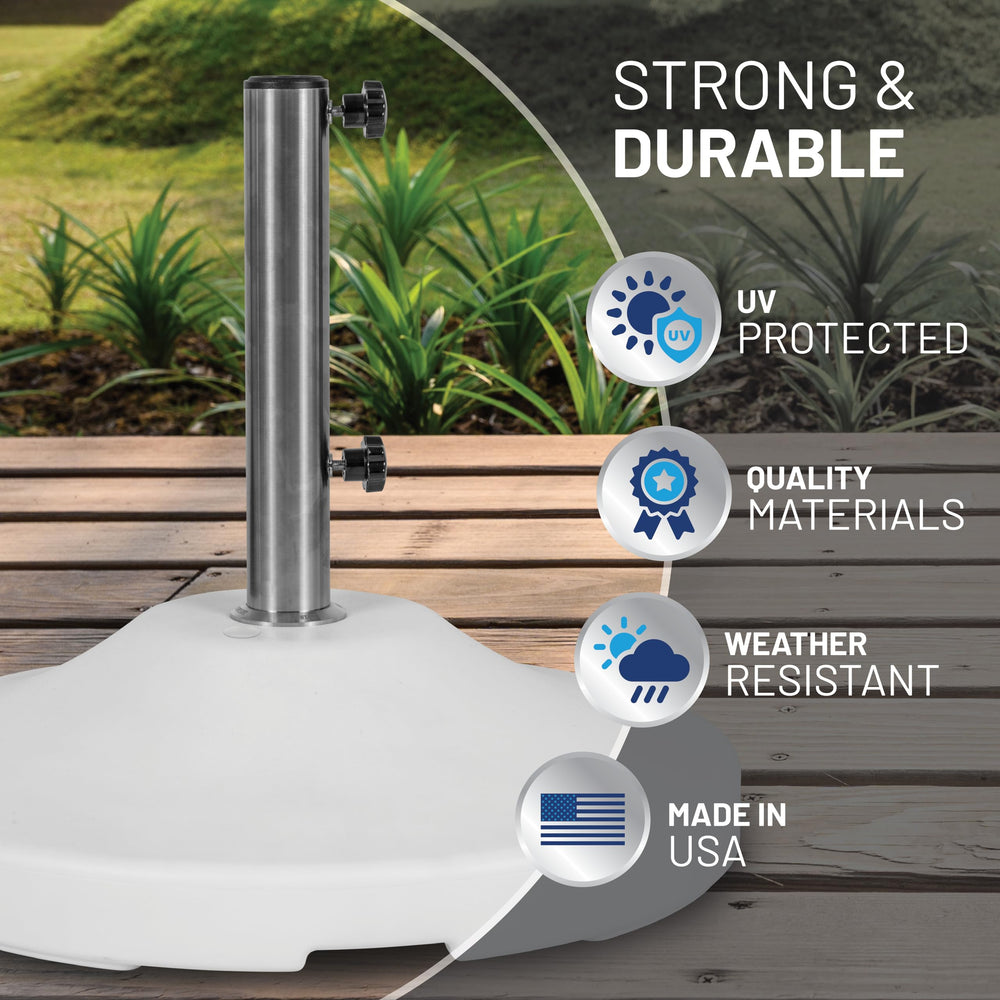 US Weight base filled with sand placed next to ruler showing 24 inch diameter scale
