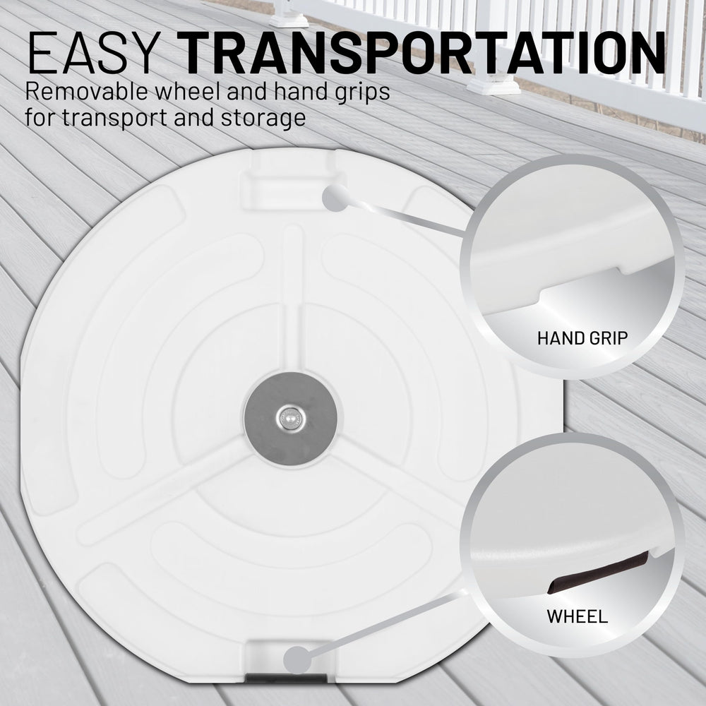US Weight side detail of handle and removable wheel for easy transport and setup