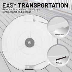 US Weight side detail of handle and removable wheel for easy transport and setup