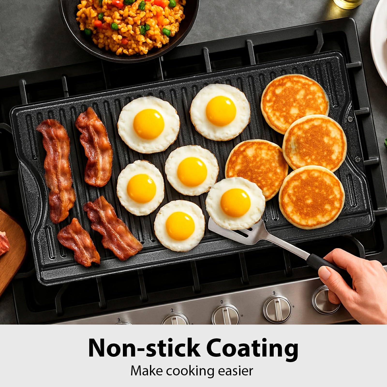 Utheer flat side cooking pancakes illustrating even heat and effortless release