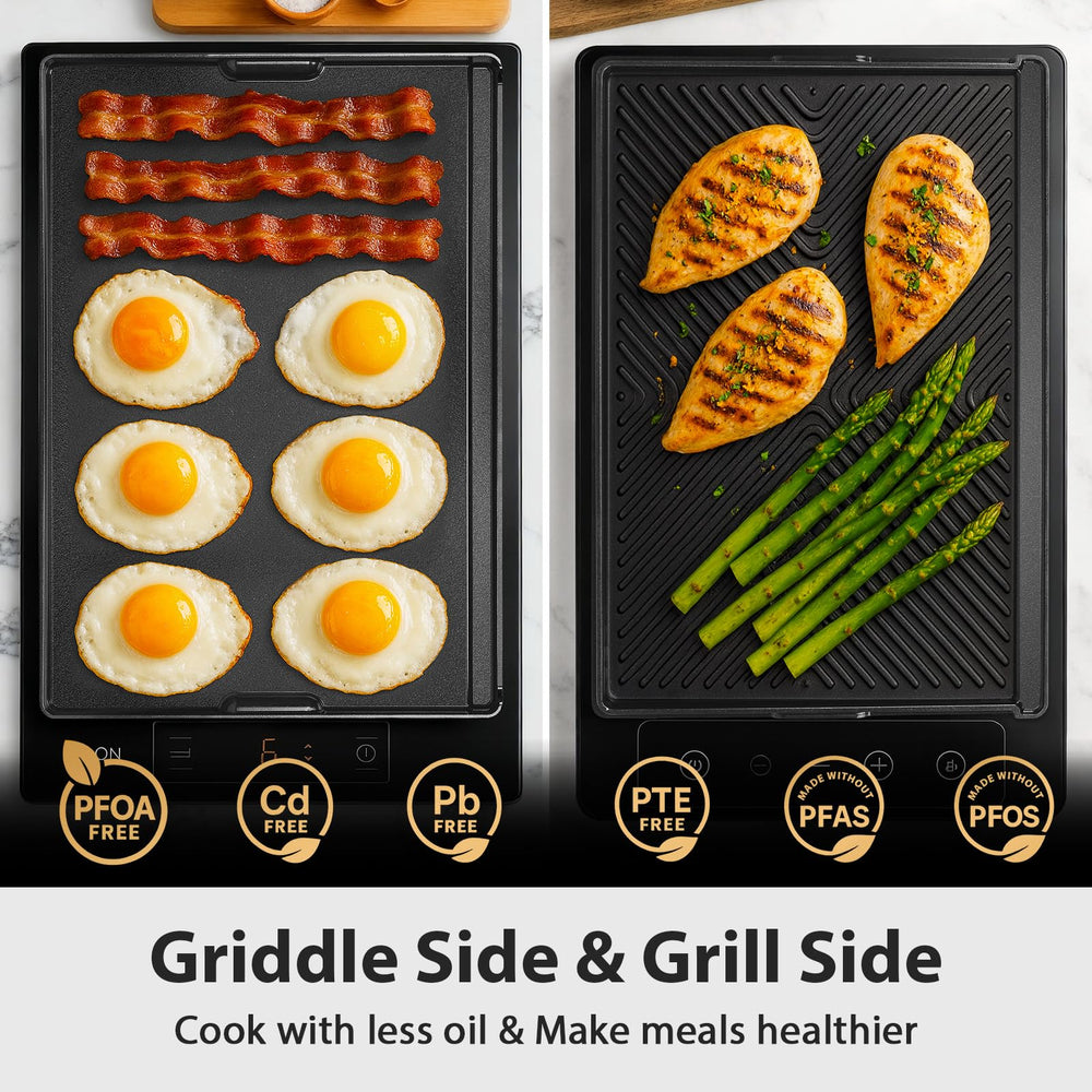 Utheer griddle cooking pancakes and bacon showing large-capacity family-serving benefit