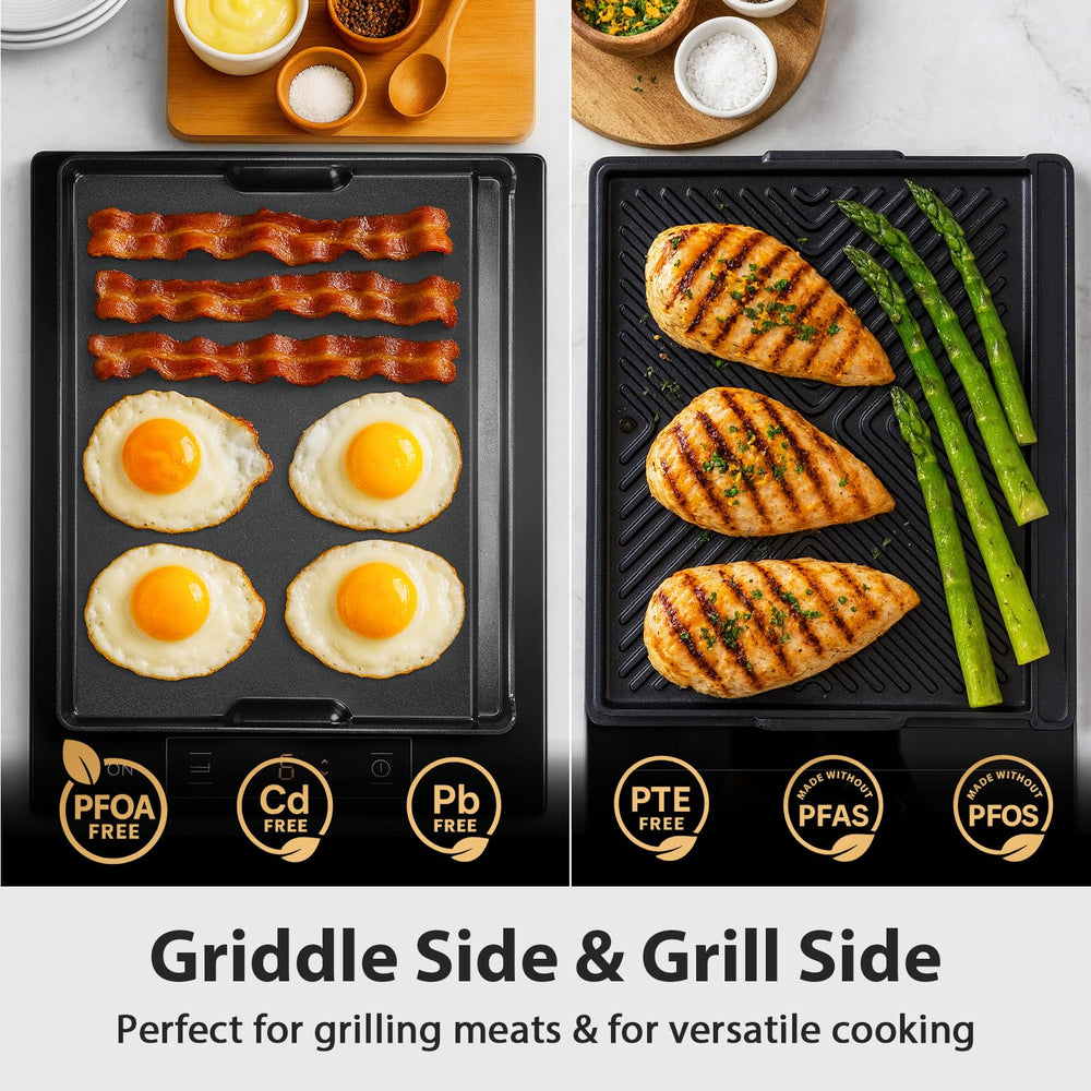 Utheer breakfast spread on griddle illustrating simultaneous cooking convenience