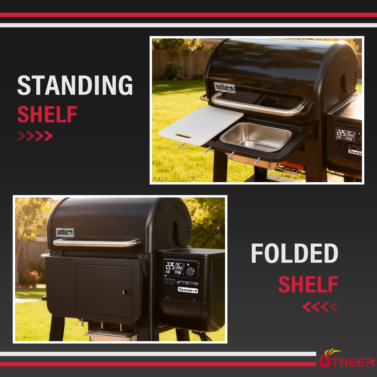 Utheer shelf folded down demonstrating compact, space-saving design