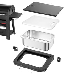 Utheer front-mounted shelf attached to Weber Searwood showing extra prep area