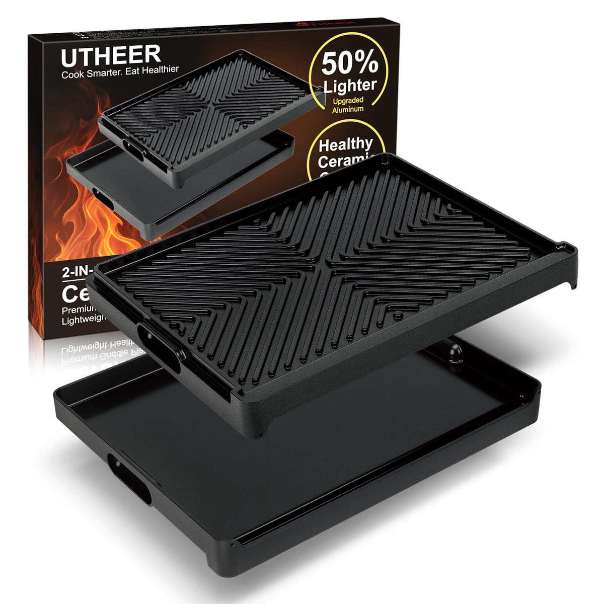 Utheer griddle front view showing full cooking surface and compact profile for versatile use