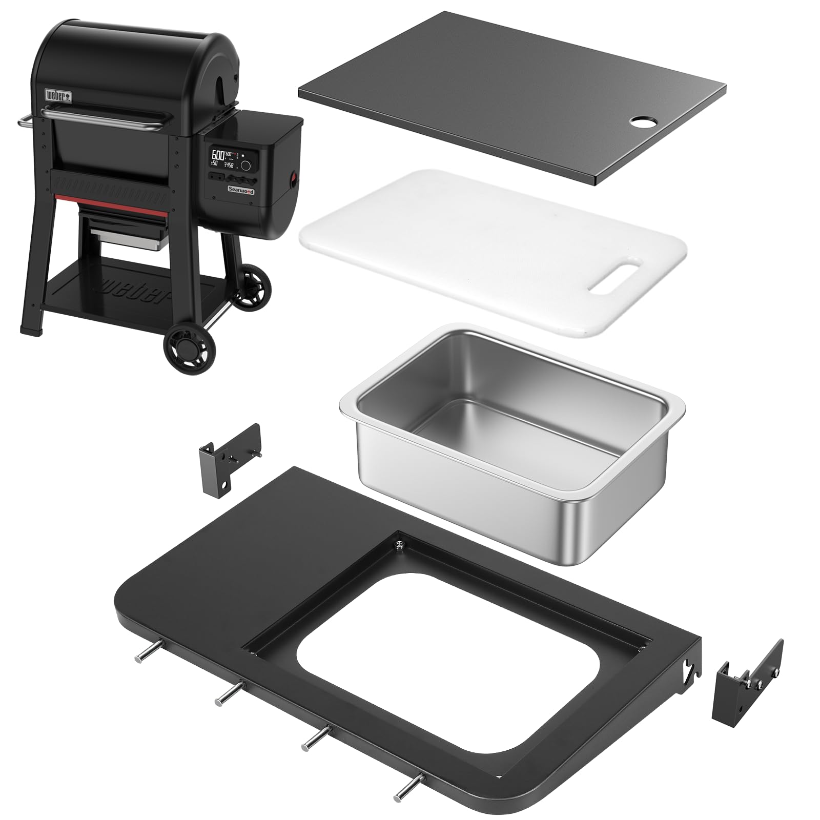 Utheer front shelf mounted on Weber Searwood 600 providing prep space