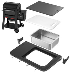 Utheer front shelf mounted on Weber Searwood 600 providing prep space