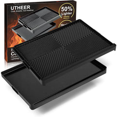 Utheer front view showing full 23 by 16 inch cooking area and reversible design benefit