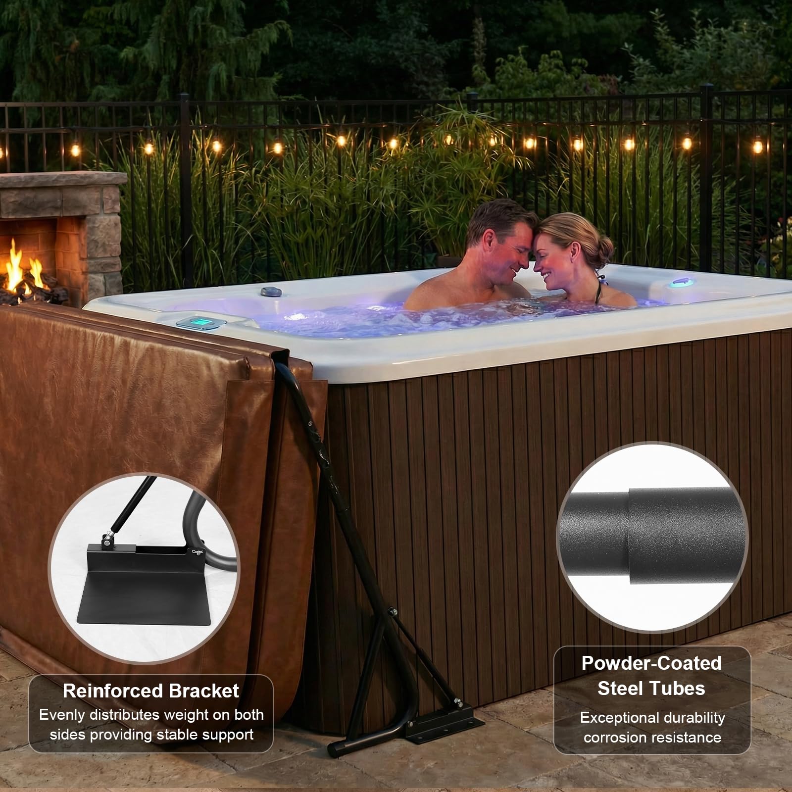 Utheer lifter beside backyard spa in lifestyle setting for organized, attractive look