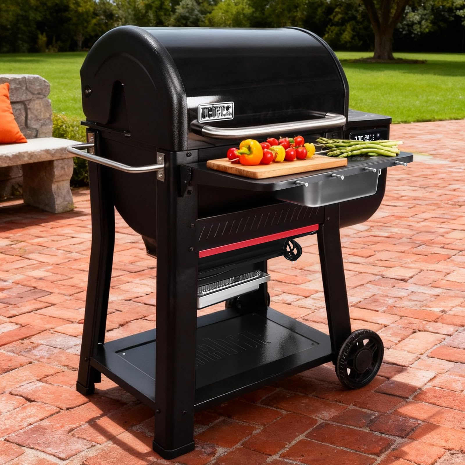 Utheer front shelf in use on patio showing streamlined grilling workflow