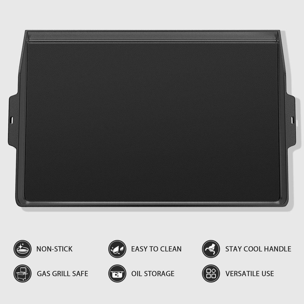 Utheer griddle on gas grill cooking burgers demonstrating even searing and versatile outdoor use