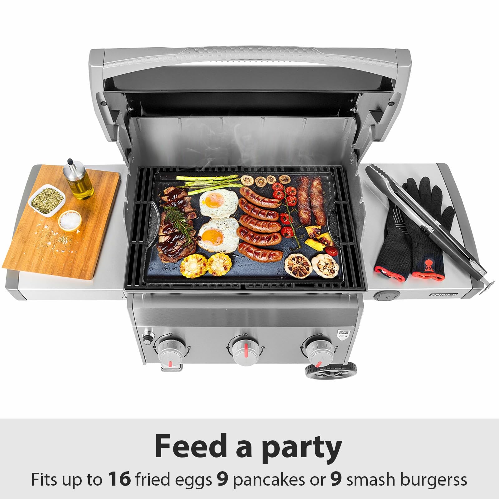 Utheer griddle over charcoal grill demonstrating outdoor durability and searing ability
