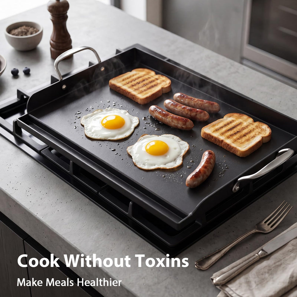 Utheer griddle next to utensils to show size and handling ease for large meals