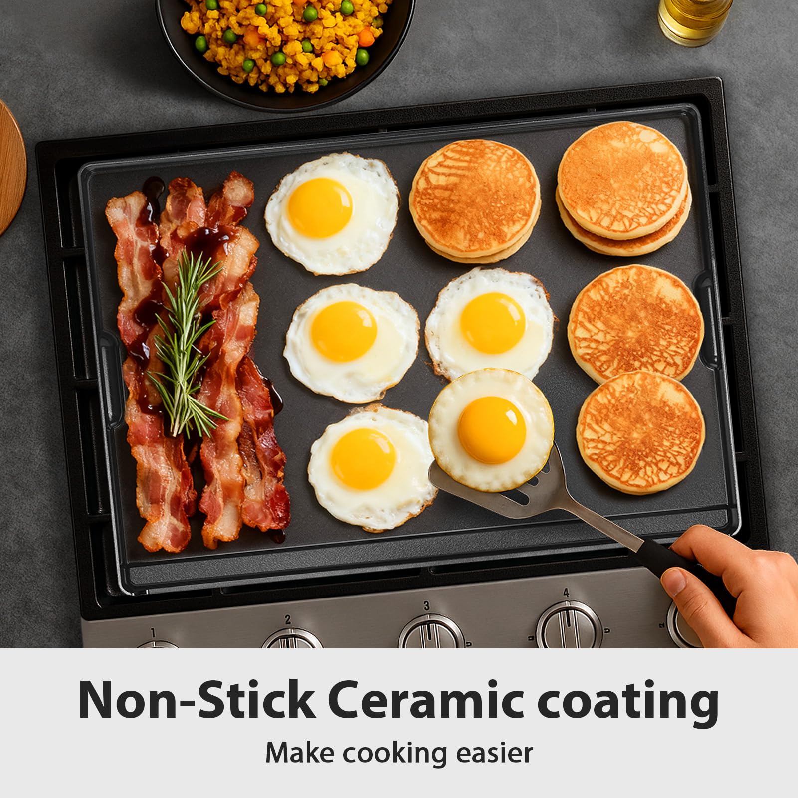 Utheer griddle next to spatula and plate showing scale and easy handling benefit