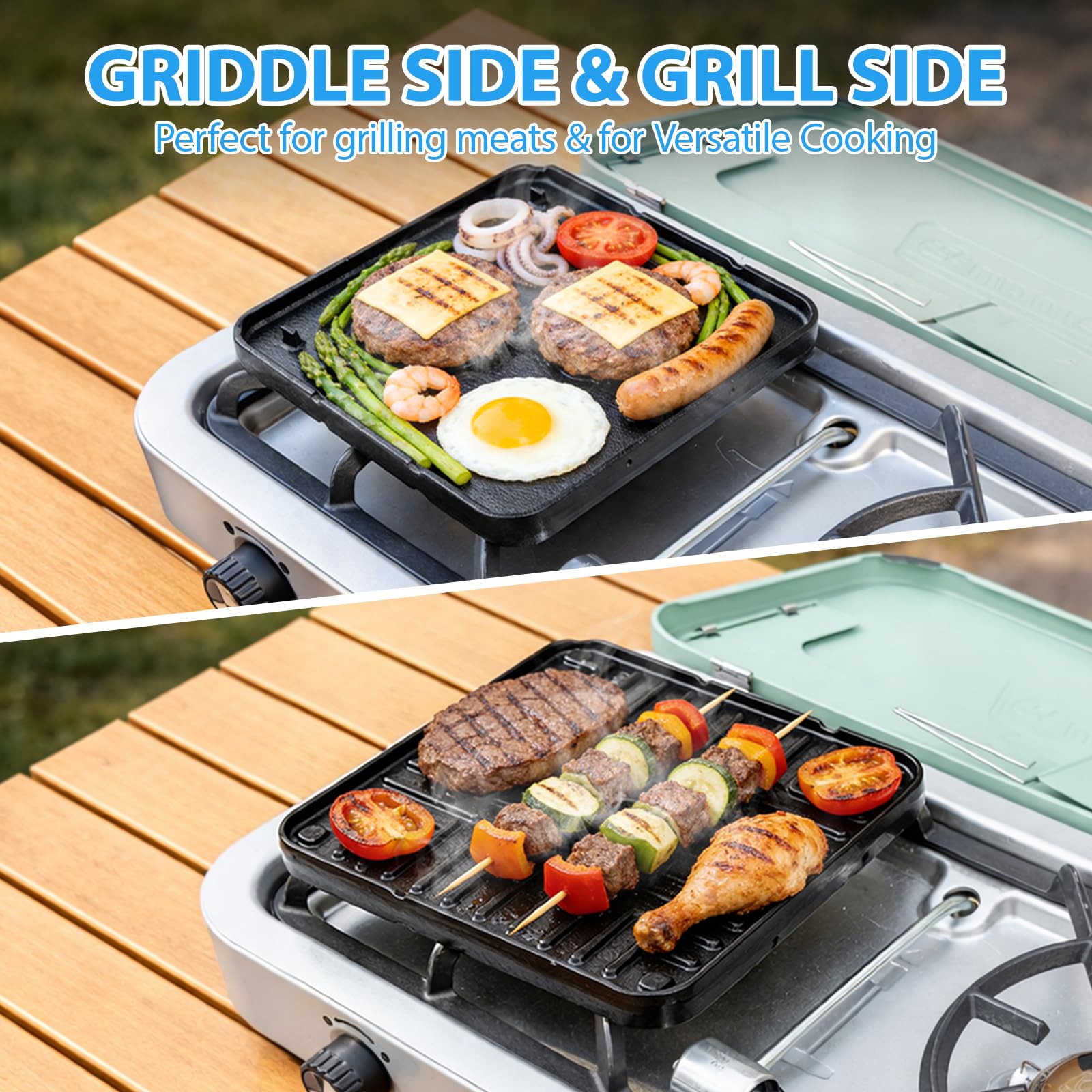 Utheer griddle stored inside Coleman stove body for convenient packing