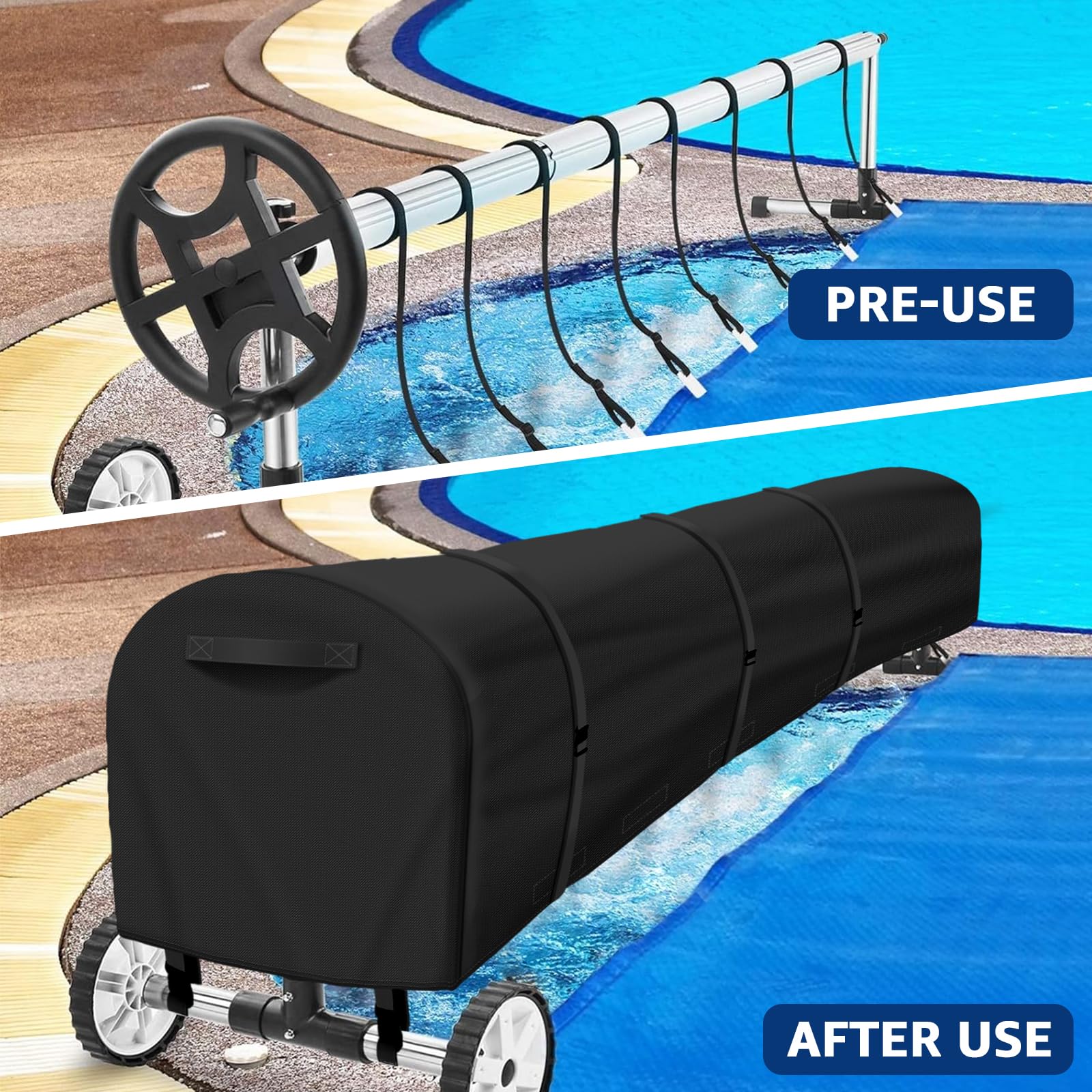 Uthem installed on pool solar reel showing protection from sun and rain