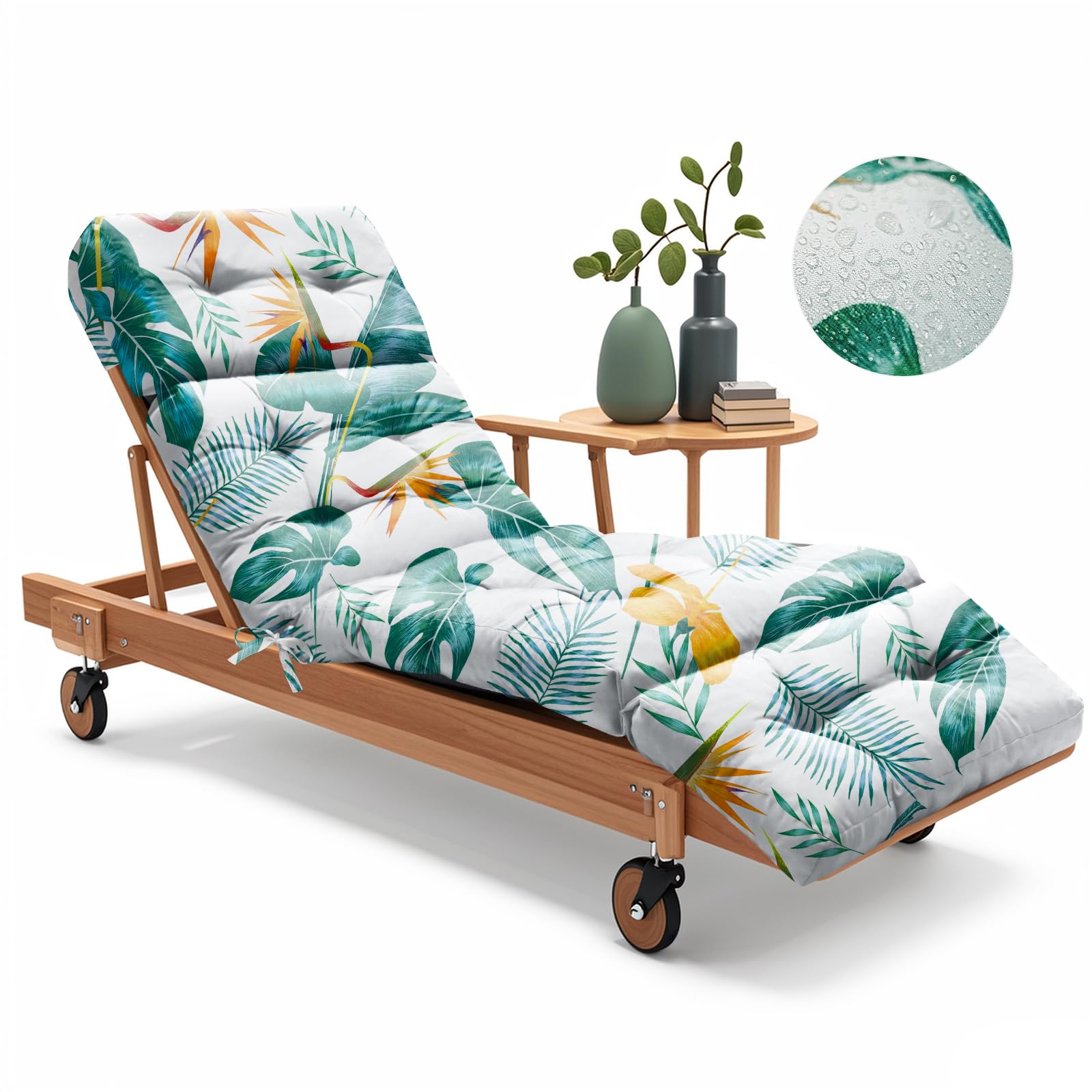 Uthem front view of yellow-green leaf chaise cushion showing pattern and fit benefit