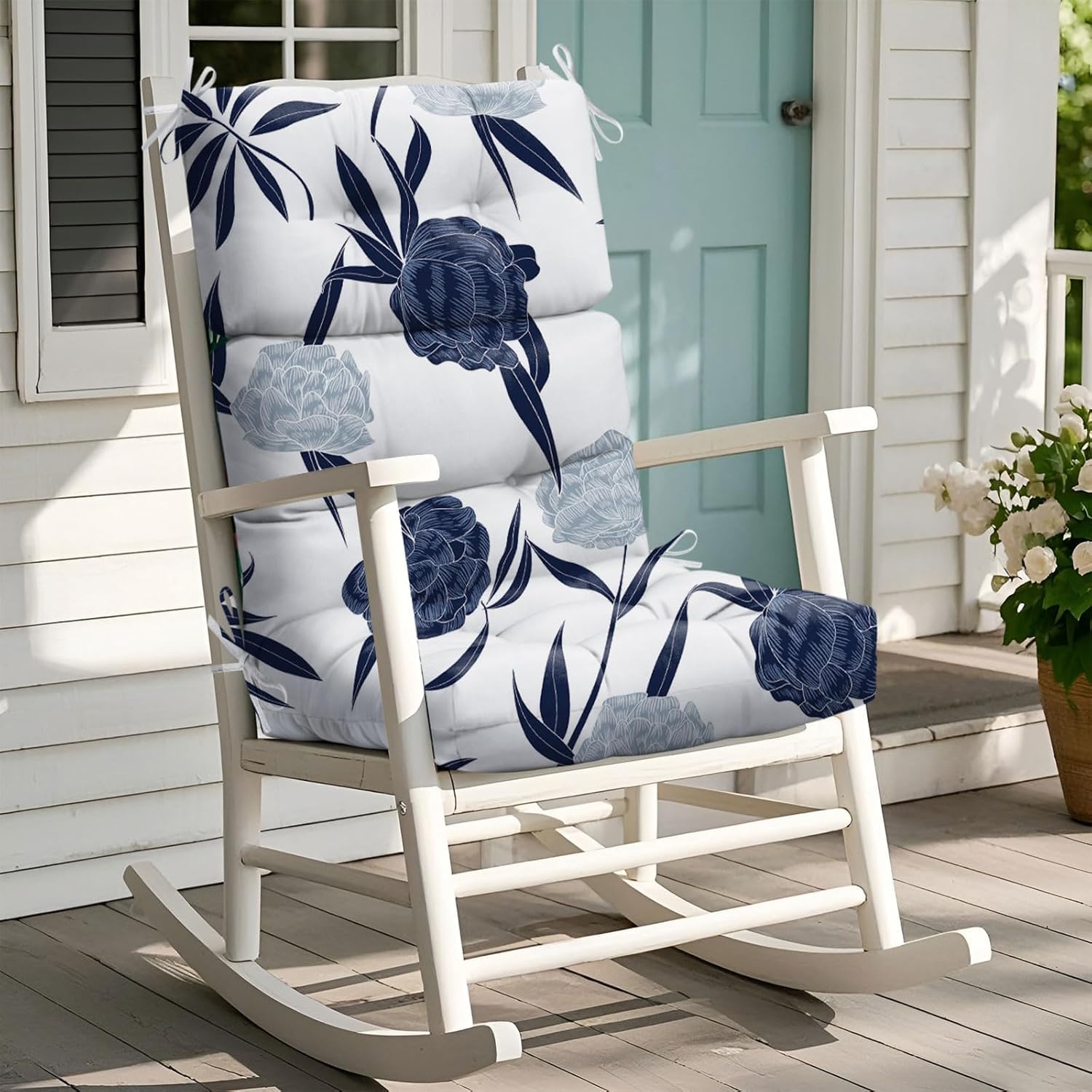 Uthem front view of Blue Enchantress cushion on a high back chair showing fit and comfort