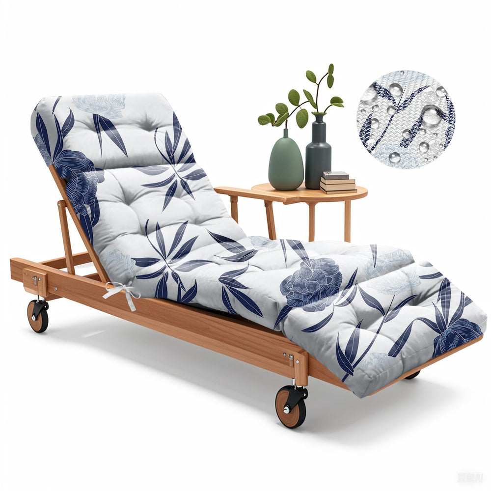 Uthem front view Blue Enchantress cushion on chaise showing color and design benefits