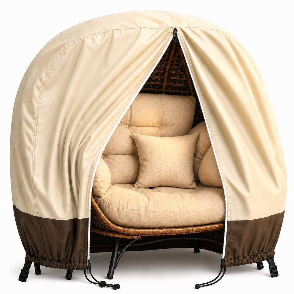 Uthem front view of cover on double egg chair protecting from weather