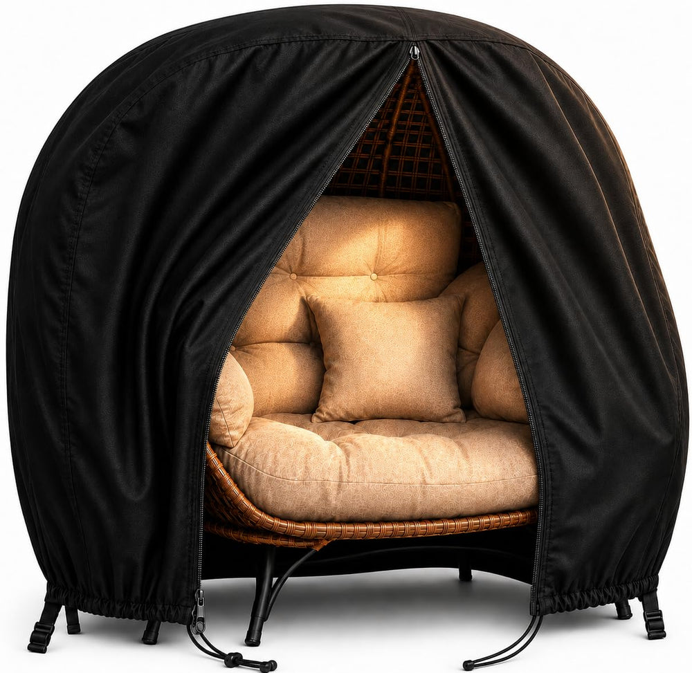 Uthem front view of double egg chair cover protecting a two-seat hanging chair and cushions