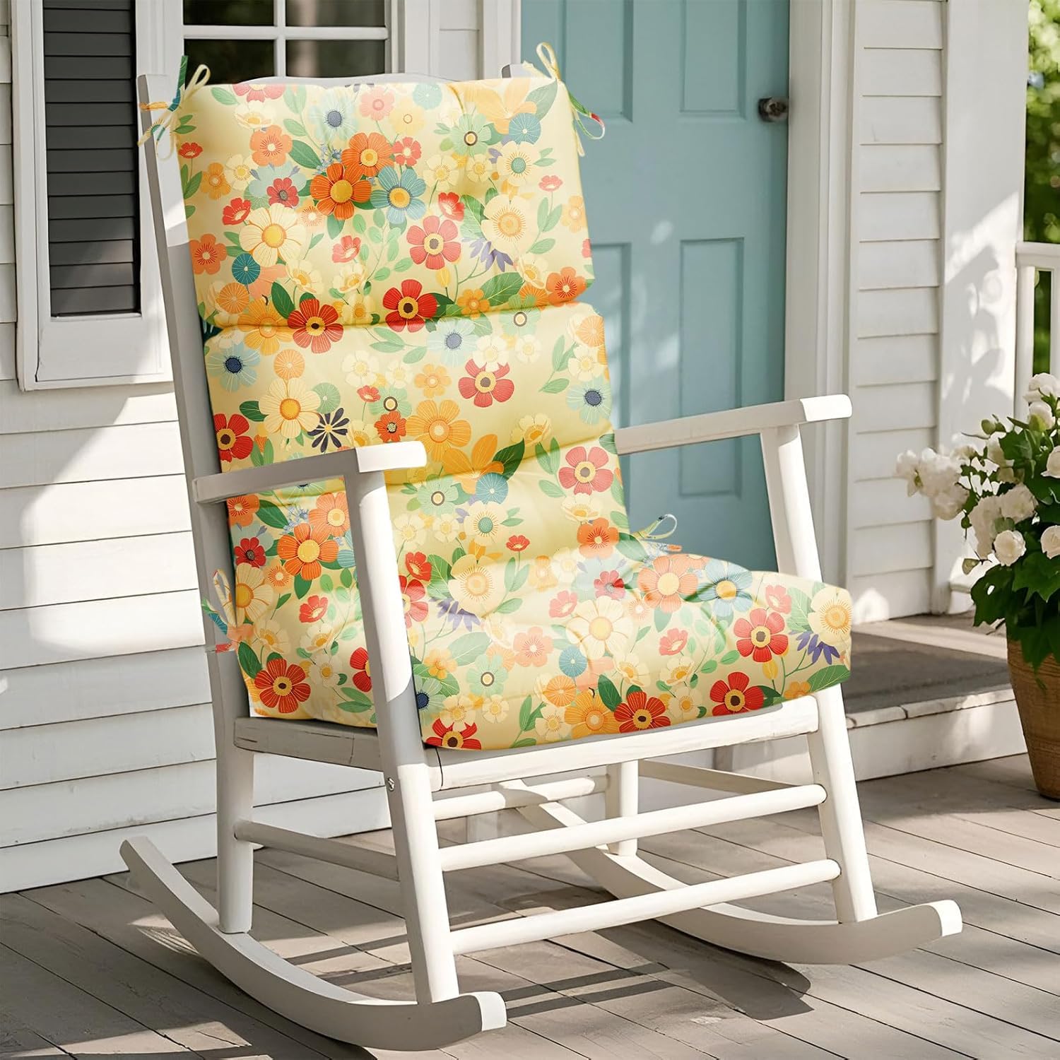 Uthem front view yellow daisy cushion showing bright outdoor appeal and comfort