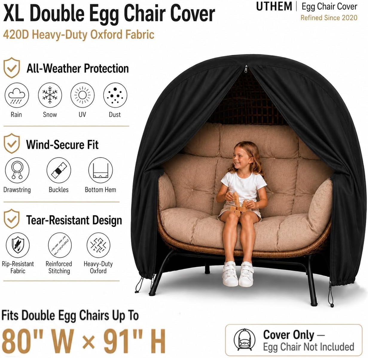 Uthem cover in use on patio hanging chair showing protection from rain and sun