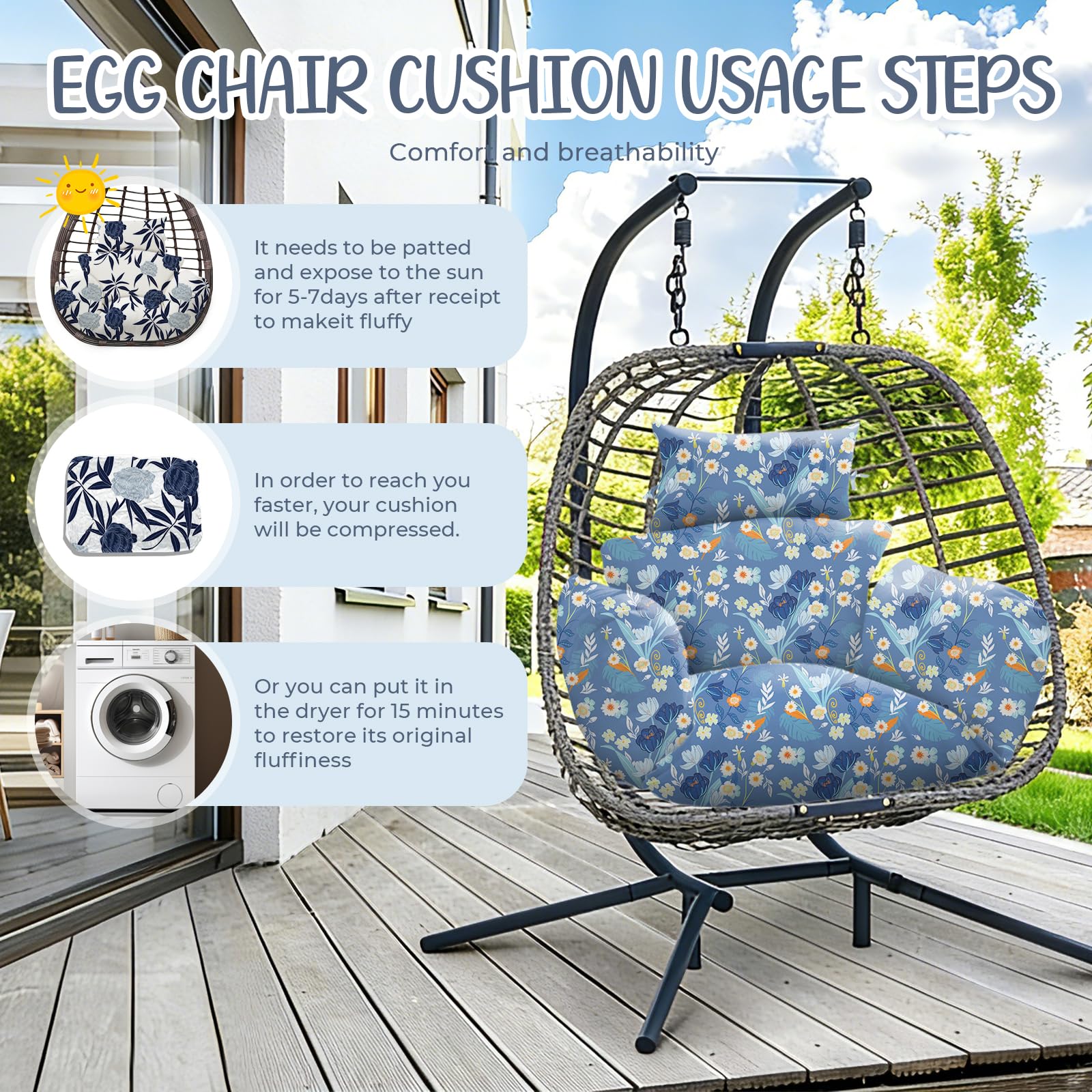 Uthem lifestyle image on patio showcasing decorative Blue Peony and relaxed seating