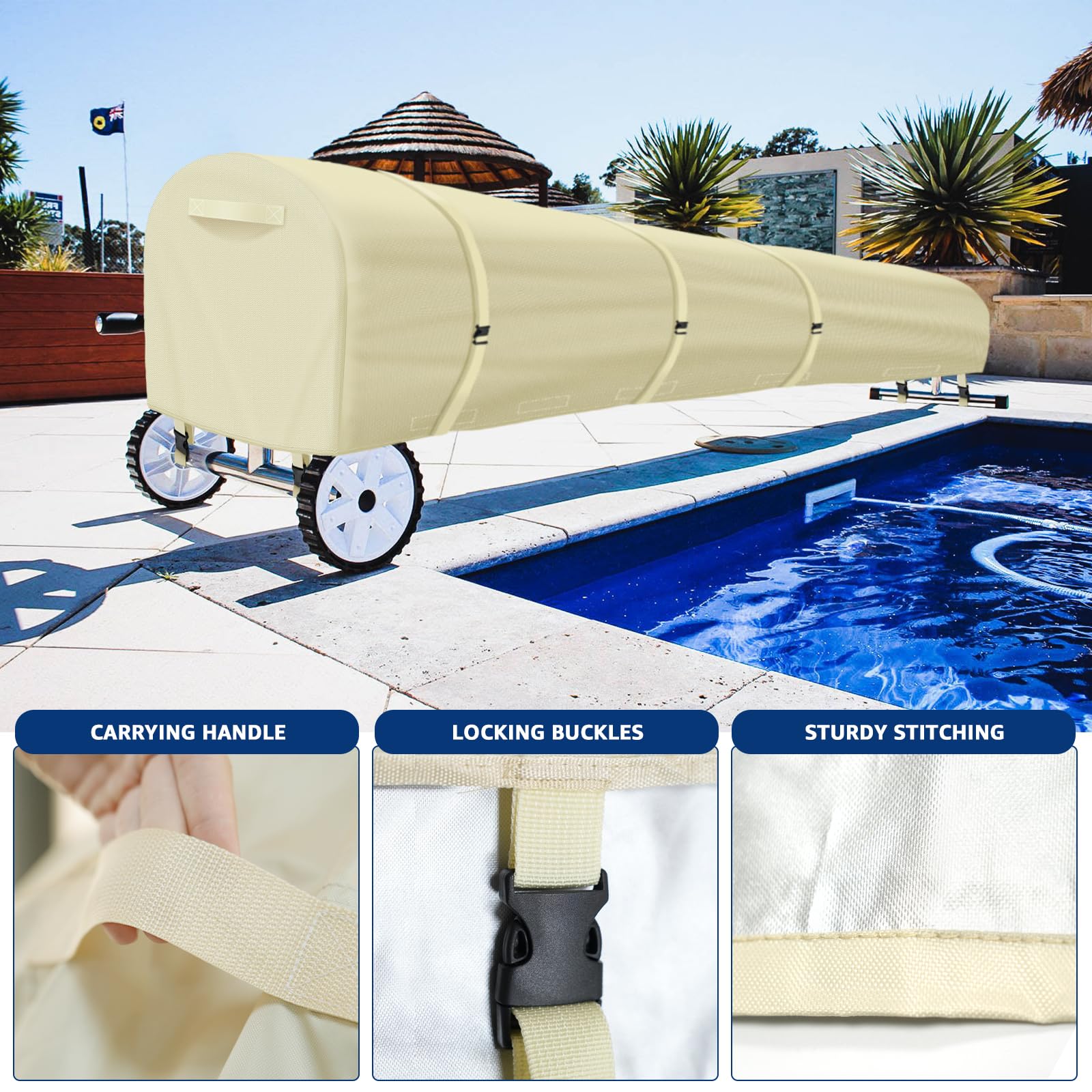 Uthem covered reel next to pool ladder showing correct size and scale