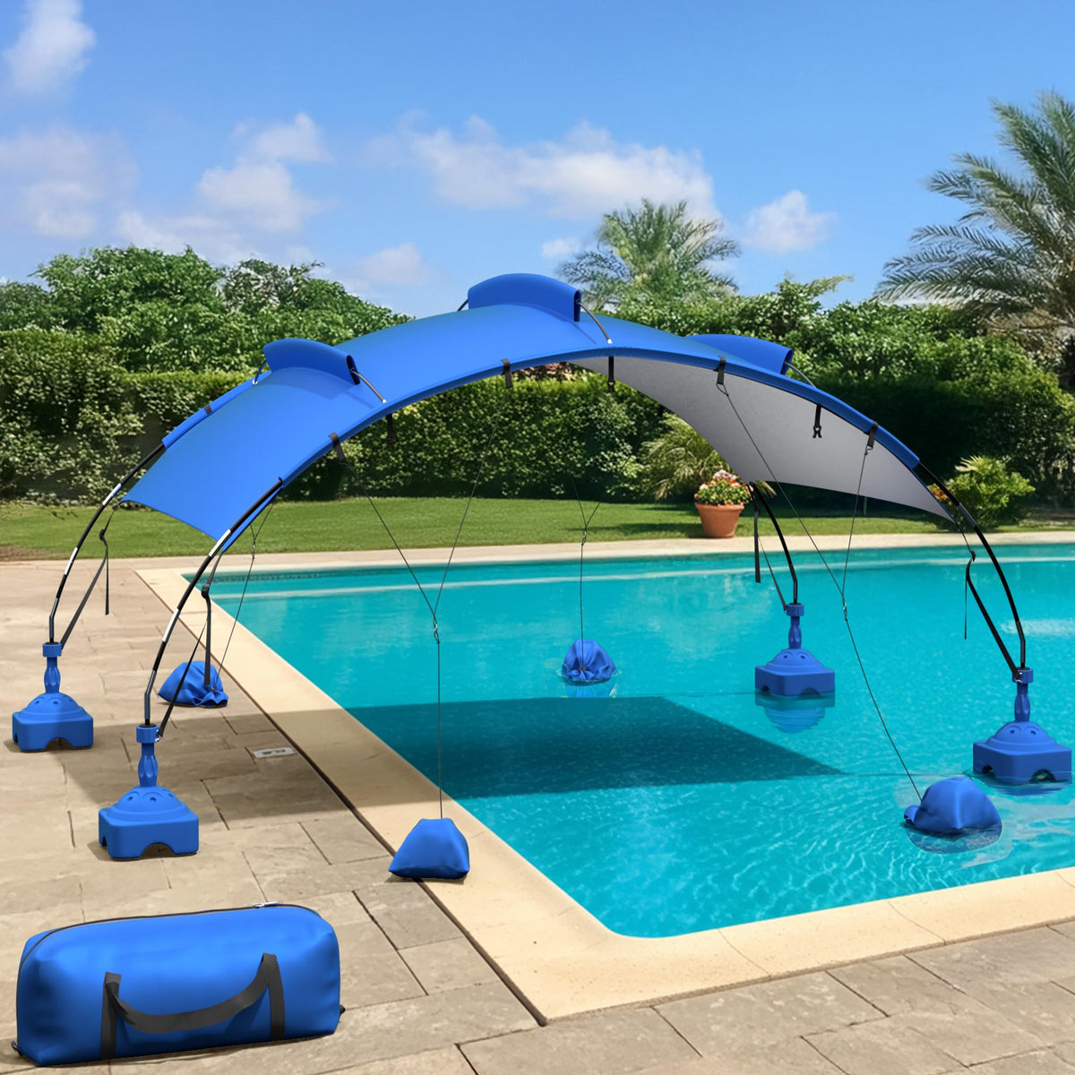 Uthfy front view pool canopy showing full coverage and shade benefit