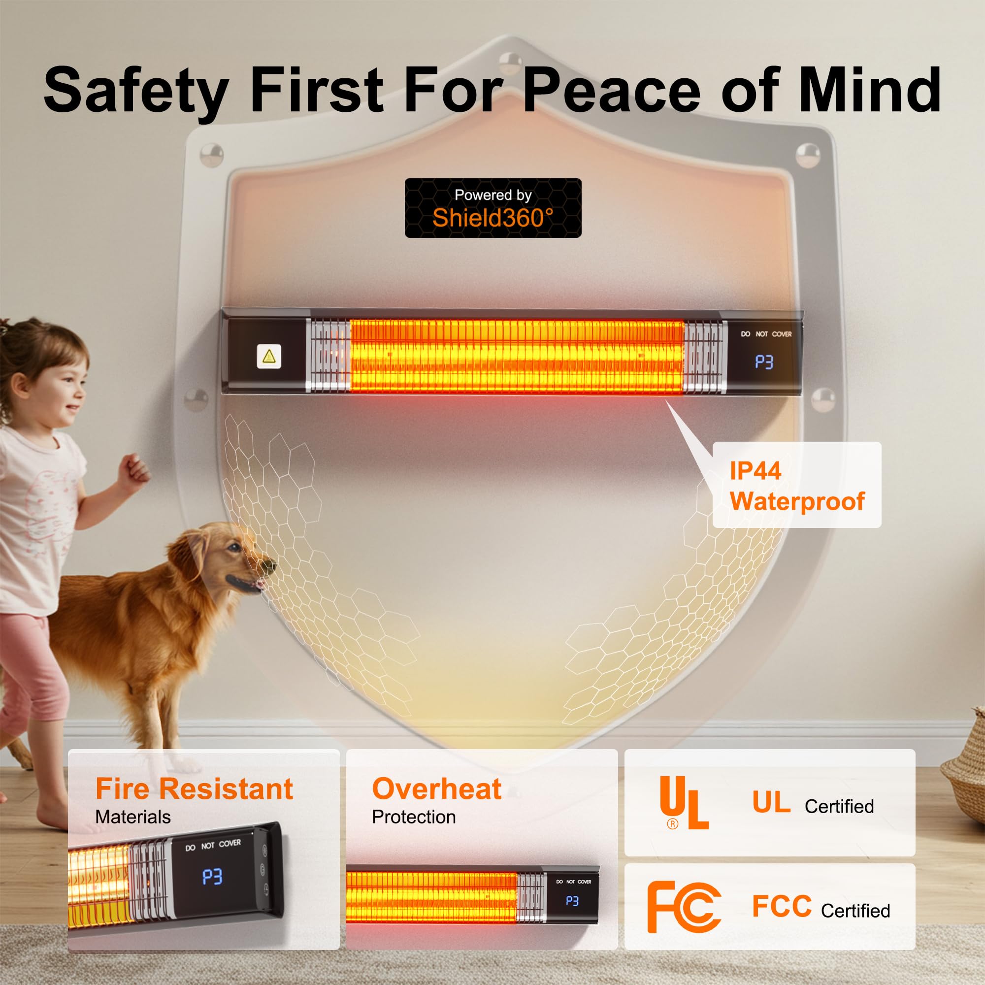 Uthfy heater beside hand for scale showing compact wall-mounted size