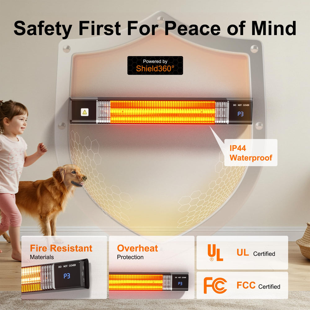 Uthfy heater beside hand for scale showing compact wall-mounted size