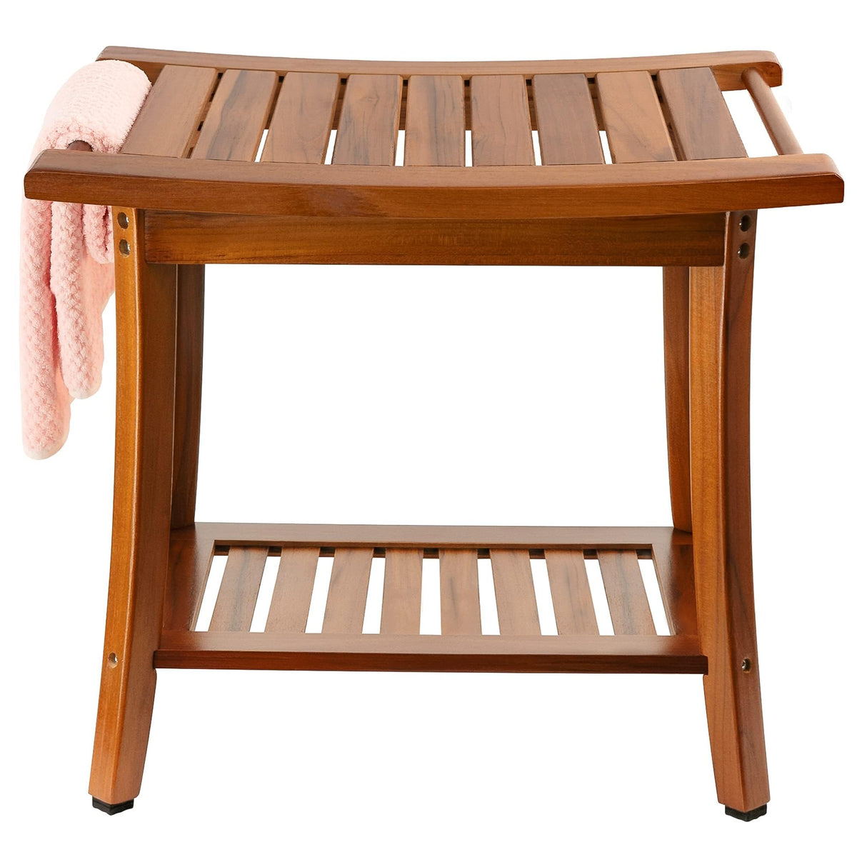 Utoplike teak bench front view showing stable seat and elegant finish