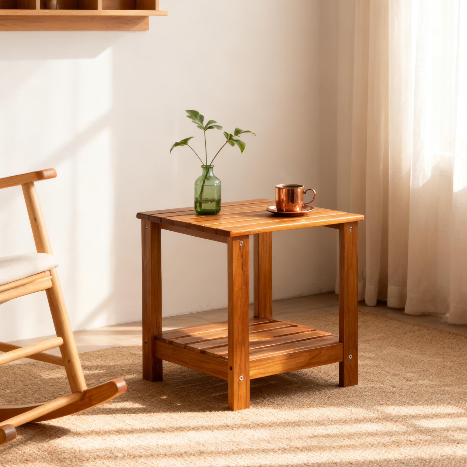 Utoplike used as a plant stand showing natural teak complementing greenery